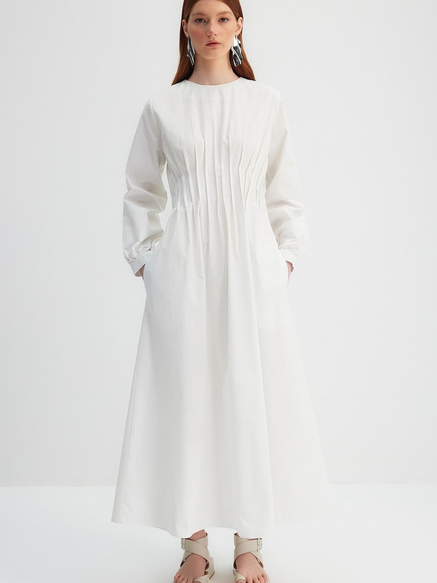 Trendyol Modest Kevser Sarıoğlu Pudra Nervür Ve Cep Detaylı Pamuk Poplin Dokuma Elbise
