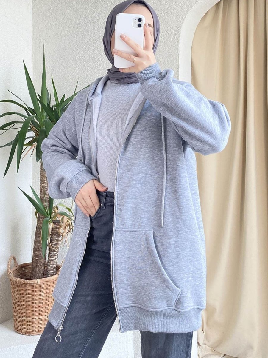 Netclass Gri Kapüşonlu Fermuarlı Kalın Içi Polarlı Örme Sweatshirt