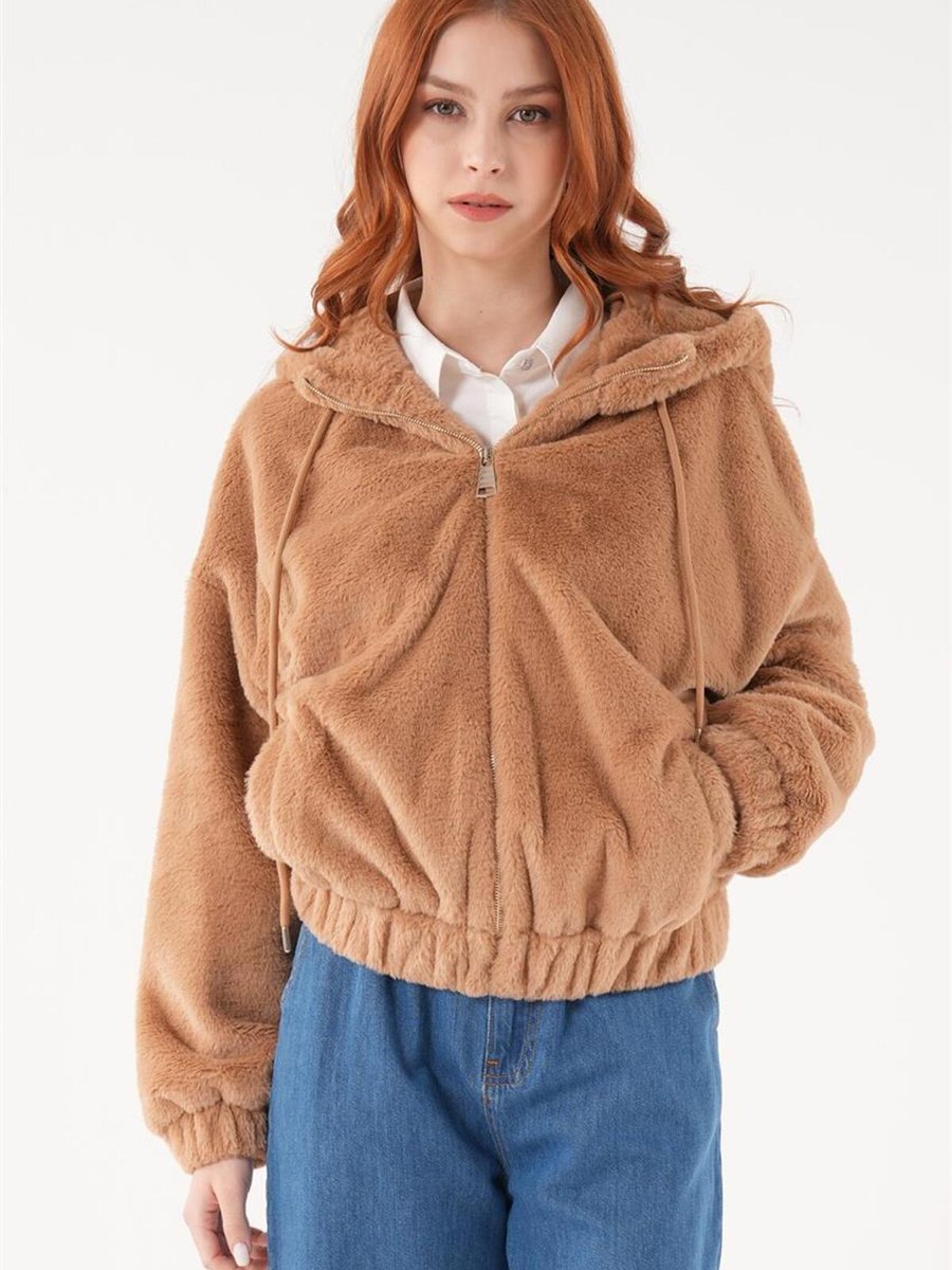 İkoll Kapüşonlu Camel Peluş Mont