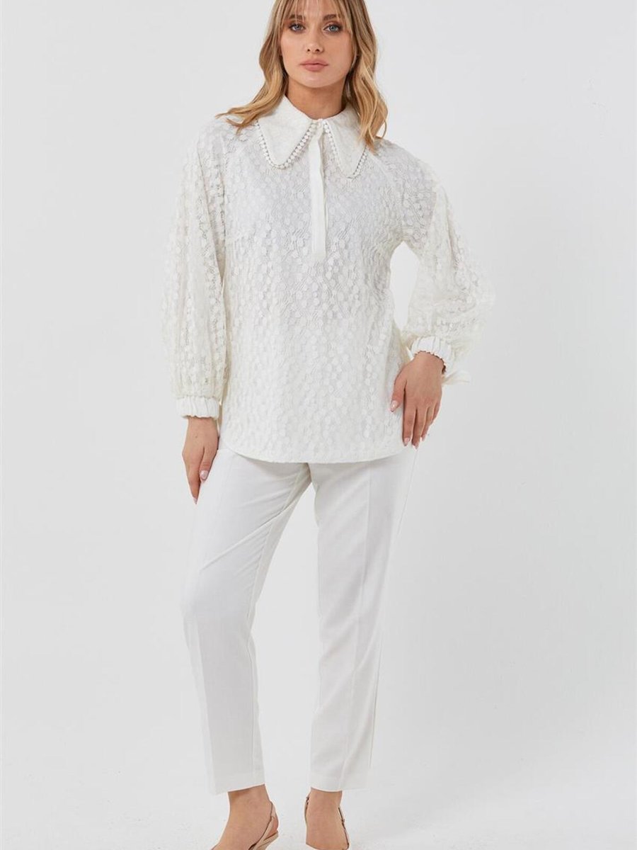 Kayra Desen Dantelli Optik Beyaz Bluz