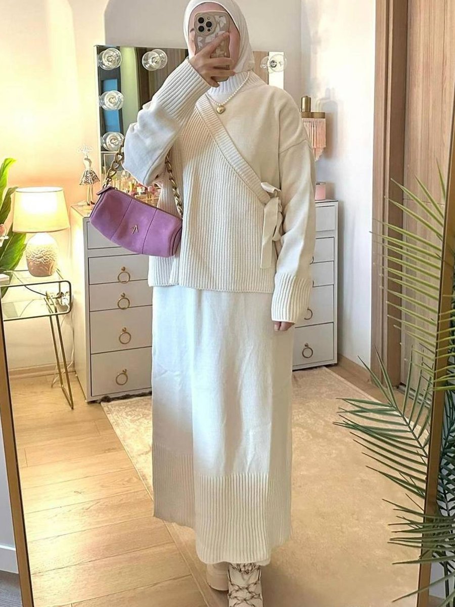 İstanbulstylemoda 2'li Takım Triko Tesettür Elbise Kazak Elbise Kahve Rengi