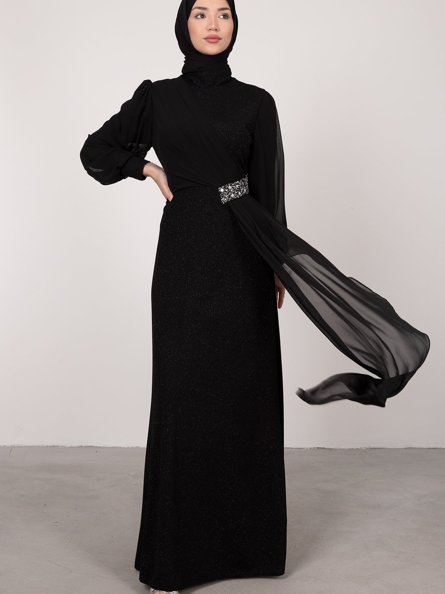 Lamia Giyim Asimetrik Pırıltılı Beli İşlemeli Abiye Elbise Siyah