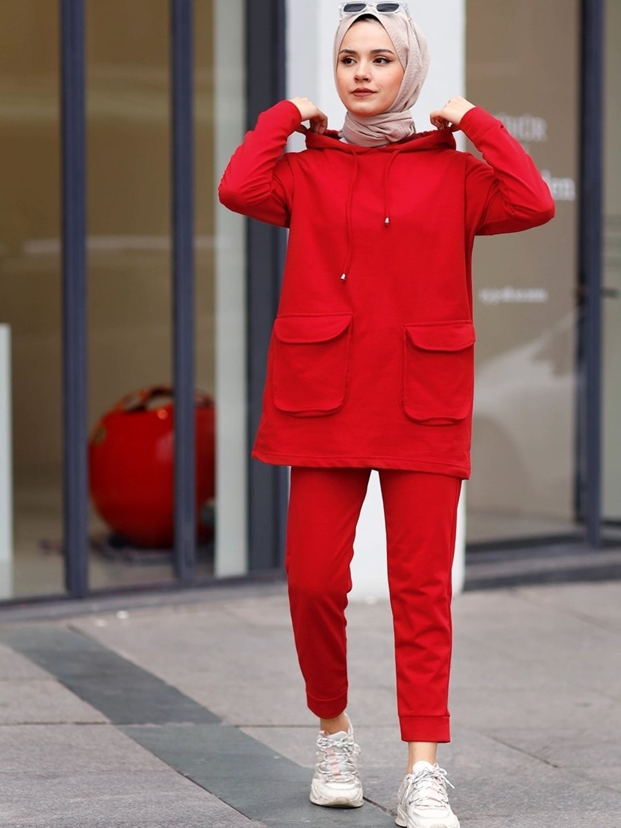 Bestenur Çift Kapak Cepli Kapüşonlu İki İplik Tunik Pantolon İkili Takım 103 Kırmızı