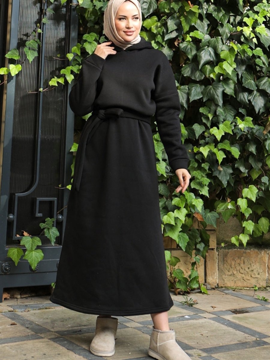 Bestenur Benna Kapüşonlu Elbise Siyah