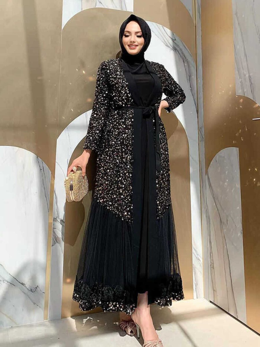 Bym Fashion Tül İşleme Detay Pul Payetli Abaya Gold