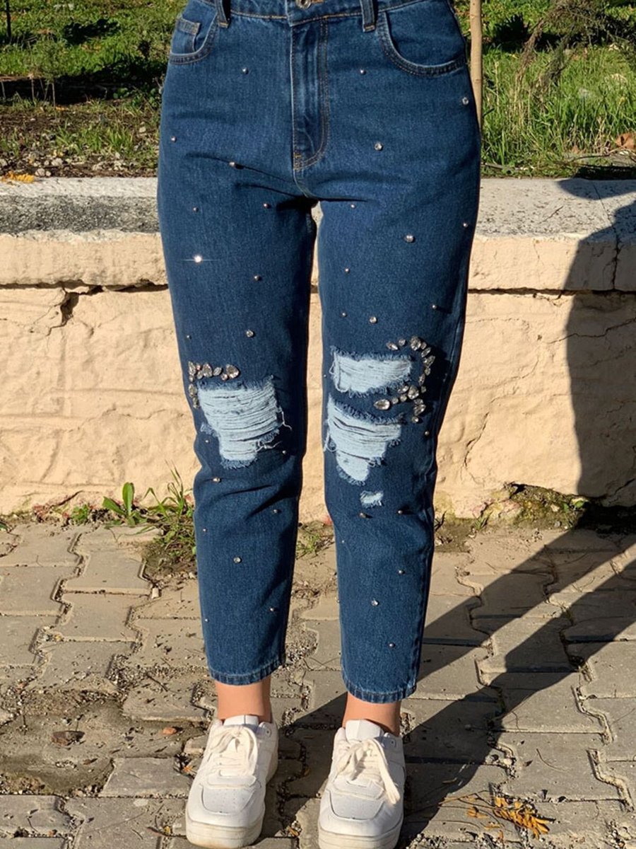 Moda Rosa Koyu Mavi Serpme Çakma Taşlı Denim Pantolon