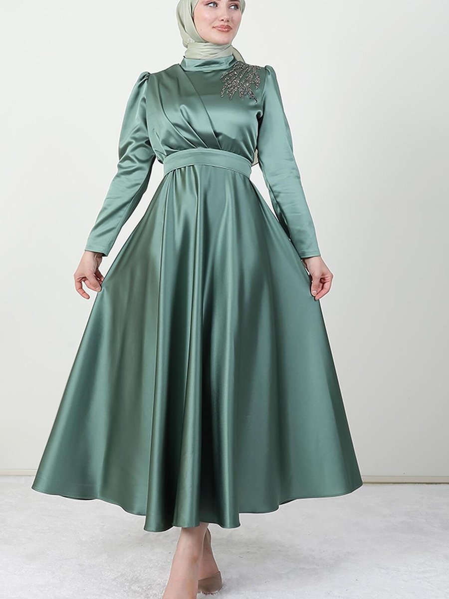 Giza Giyim Omzu Taşlı Saten Abiye Elbise Soft Yeşil