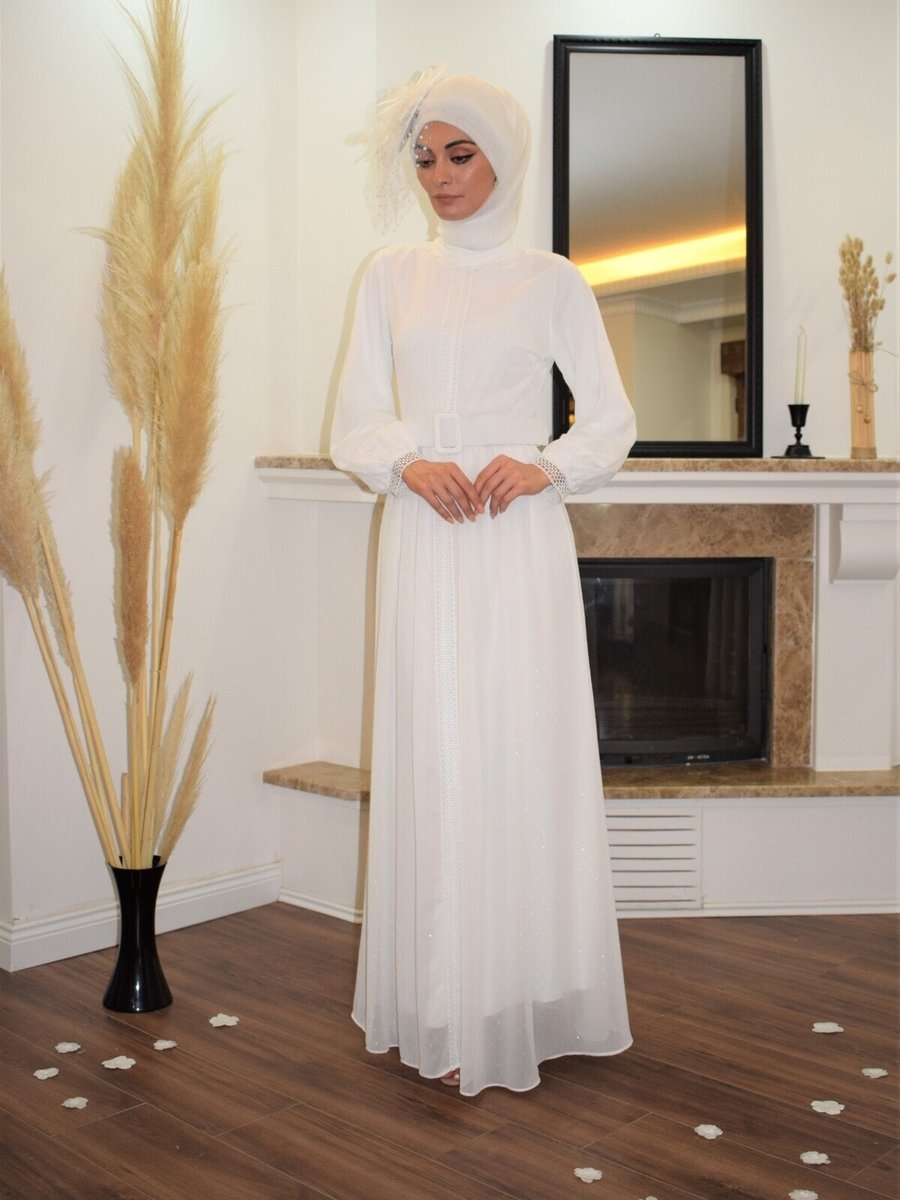 Sew & Design Güpürlü Kemerli Tesettür Nikah Elbisesi