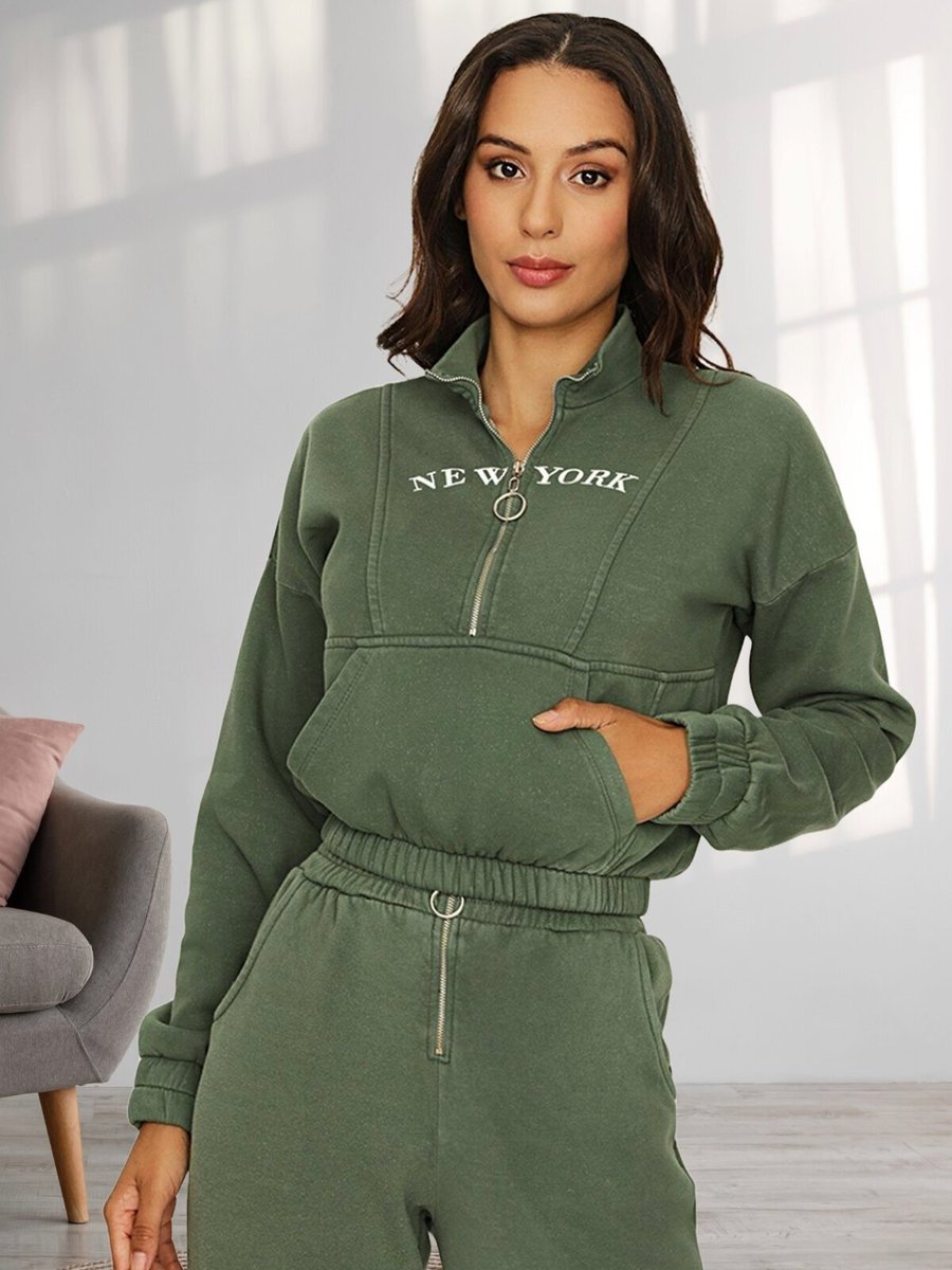 Select Moda Yeşil Yarım Fermuarlı Beli Lastikli Crop Sweatshirt