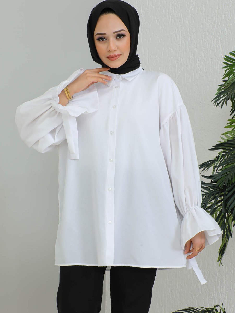 İmajbutik Beyaz Balon Kol Detaylı Terikoton Gömlek