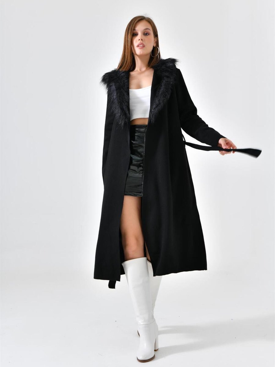 Ftz Women Kürk Detaylı Uzun Giy Çık Siyah