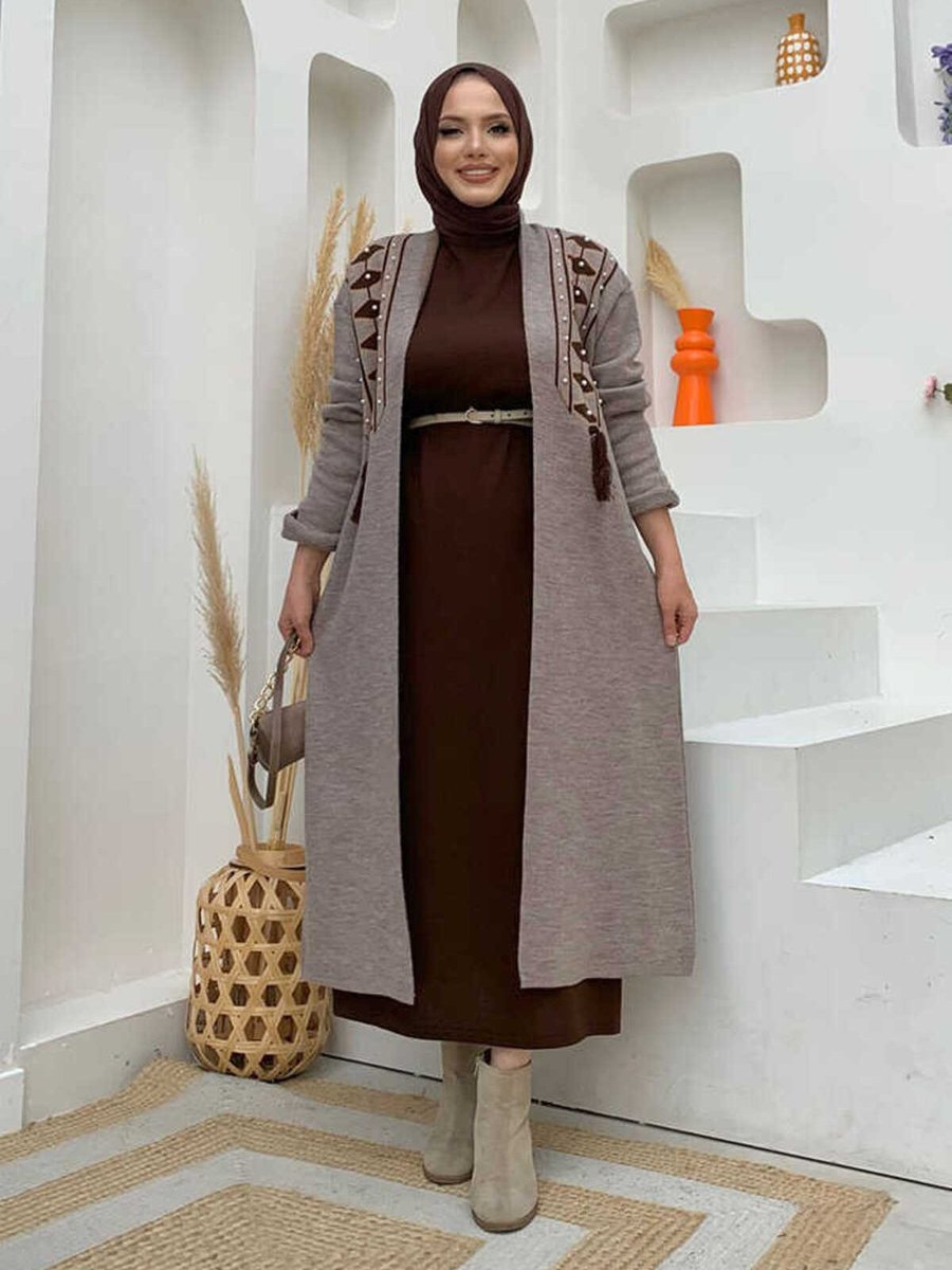 Bym Fashion İncil Püskül Detay Desenli Triko Hırka Vizon