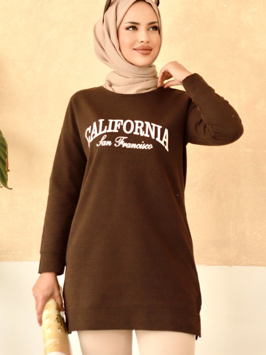 Bestenur California Baskılı Tunik Kahve