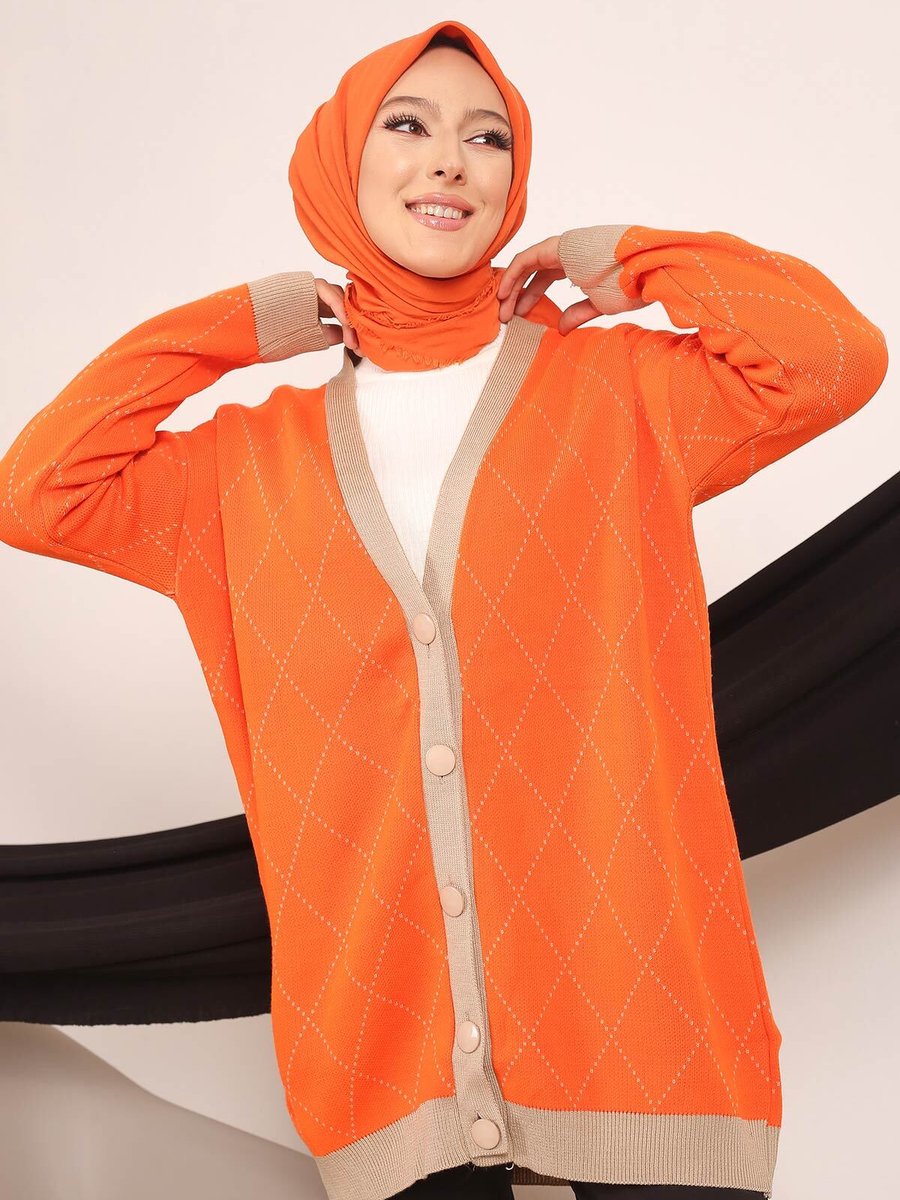 İmajbutik Orange Modest Düğmeli Desenli Triko Hırka