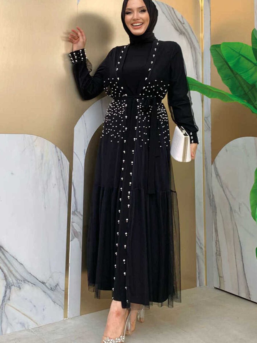 Bym Fashion İnci Detaylı Tül Abaya Elbiseli Takım Siyah