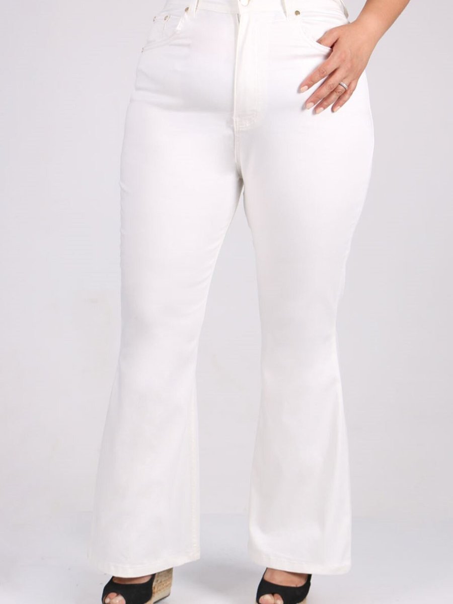 Moda Rosa Beyaz Büyük Beden İspanyol Paça Kot Pantolon