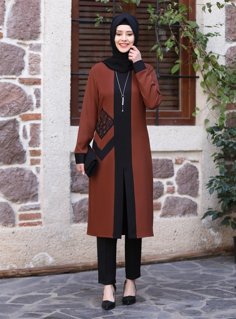 Azra Design Beyza Tunik&Pantolon İkili Tesettür Abiye Takım -Kahverengi -