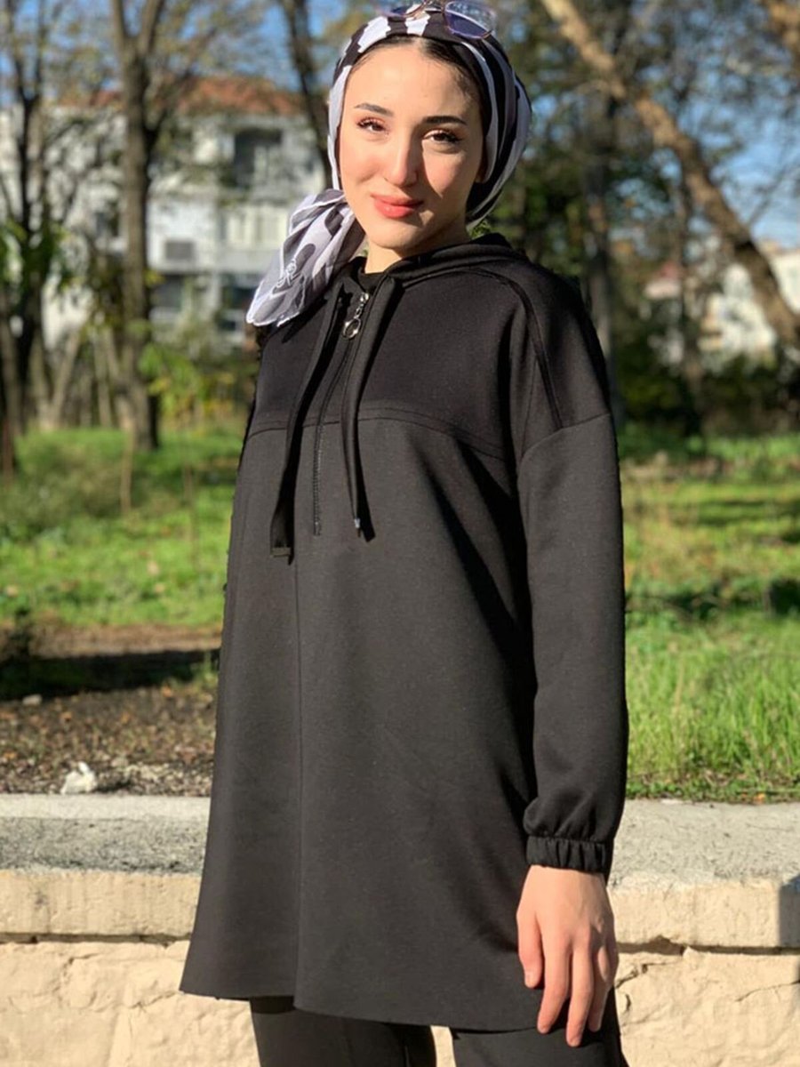 Moda Rosa Siyah Scuba Kapüşonlu Tunik