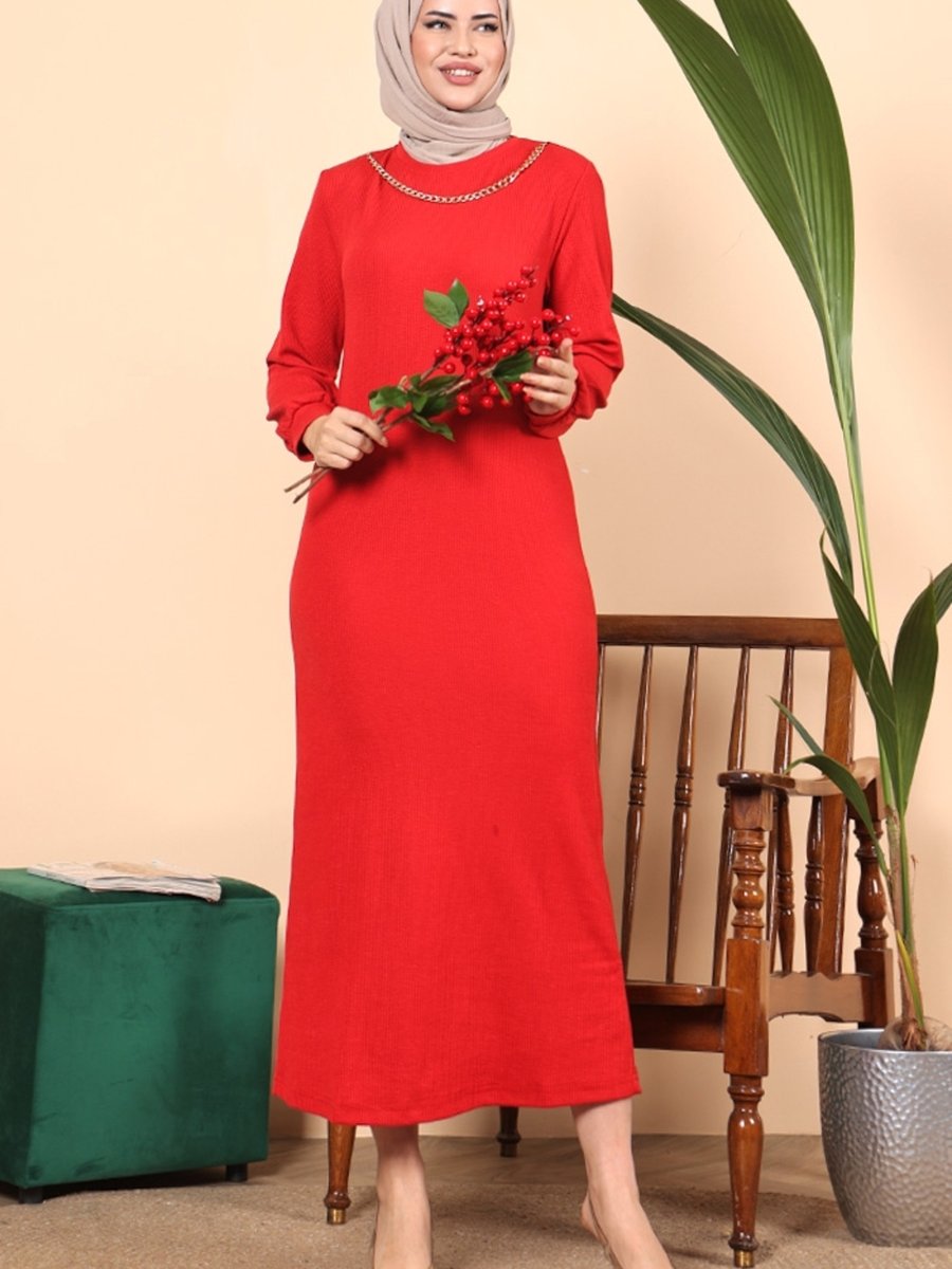 Bestenur Lunay Zincirli Elbise Kırmızı