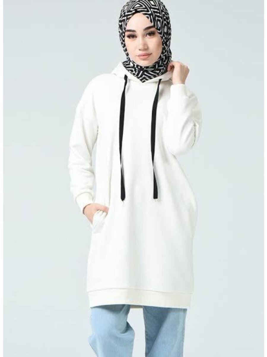 Miracolomoda Beyaz Bel Altı Kapüşonlu Sweatshirt