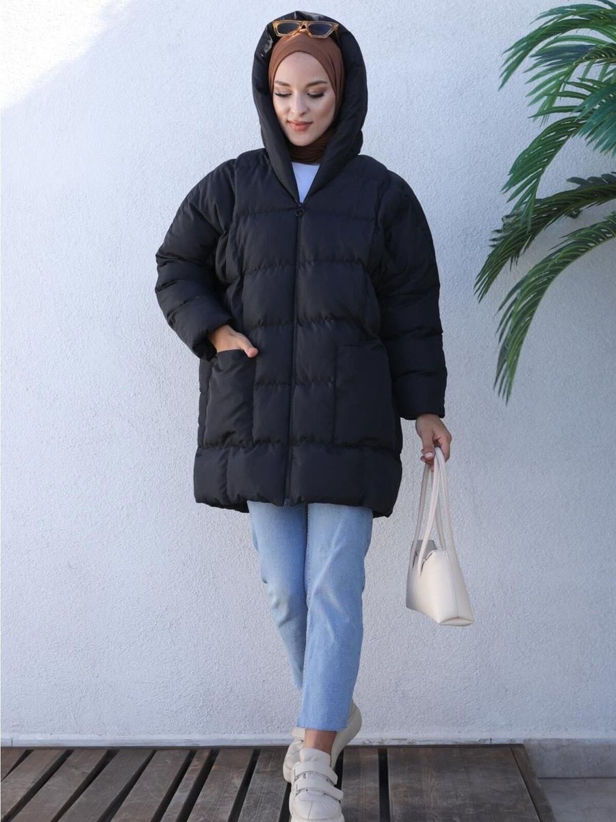 Fullmoonwomen Siyah Şişme Oversize Mont