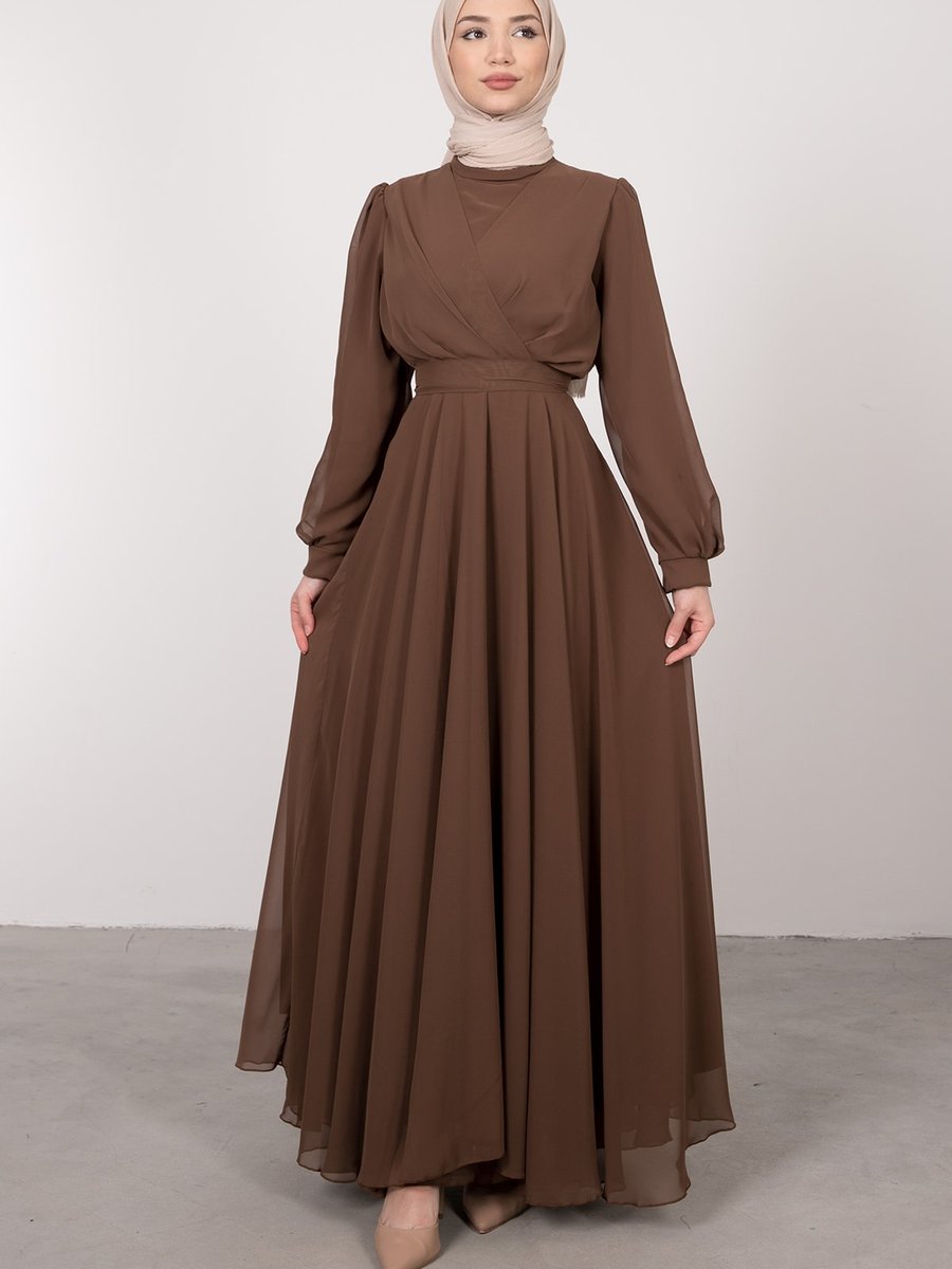 Lamia Giyim V Çapraz Pileli Kuşaklı Şifon Abiye Elbise Kahve