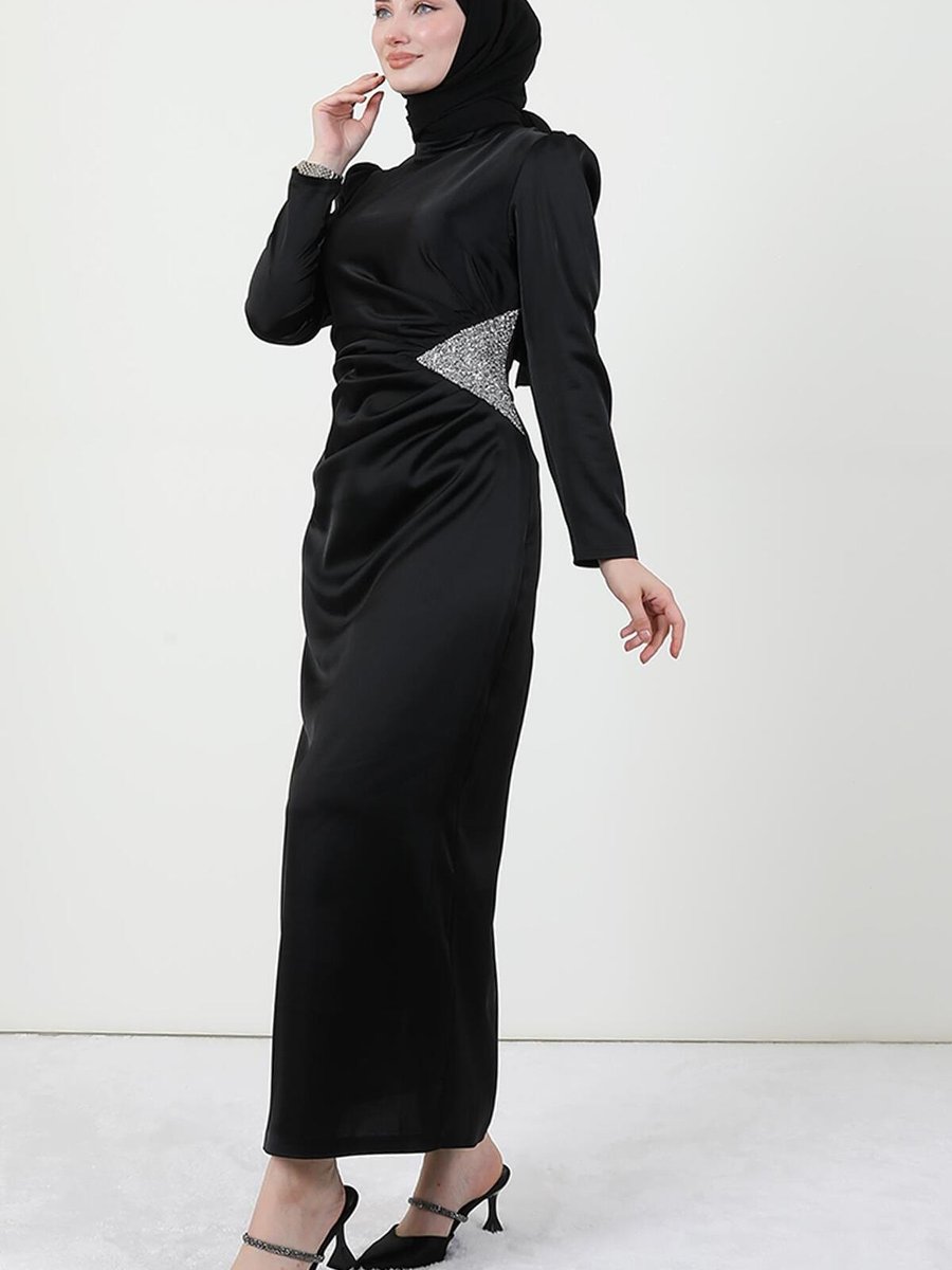 Giza Giyim Beli Taşlı Saten Abiye Elbise Siyah