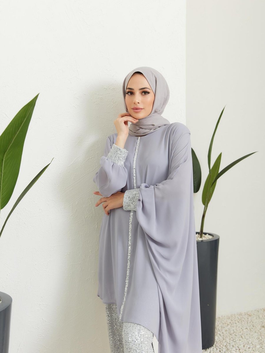 Moda Asrın Pul Işlemeli Yarasa Kol Detaylı Abiye Elbise Takım