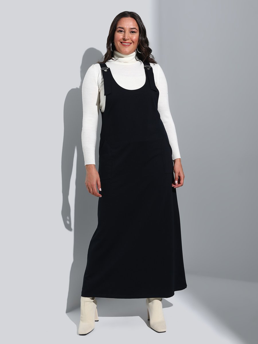 Alia Lacivert Büyük Beden Askılı Örme Spor Salopet Elbise