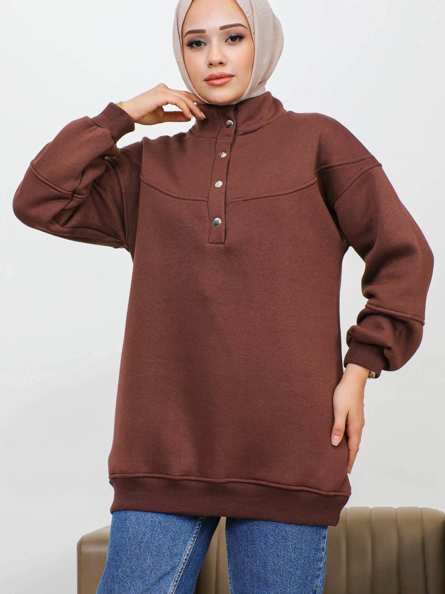 İmajbutik Kahverengi Yaka Çıtçıtlı Üç İplik Şardonlu Sweatshirt