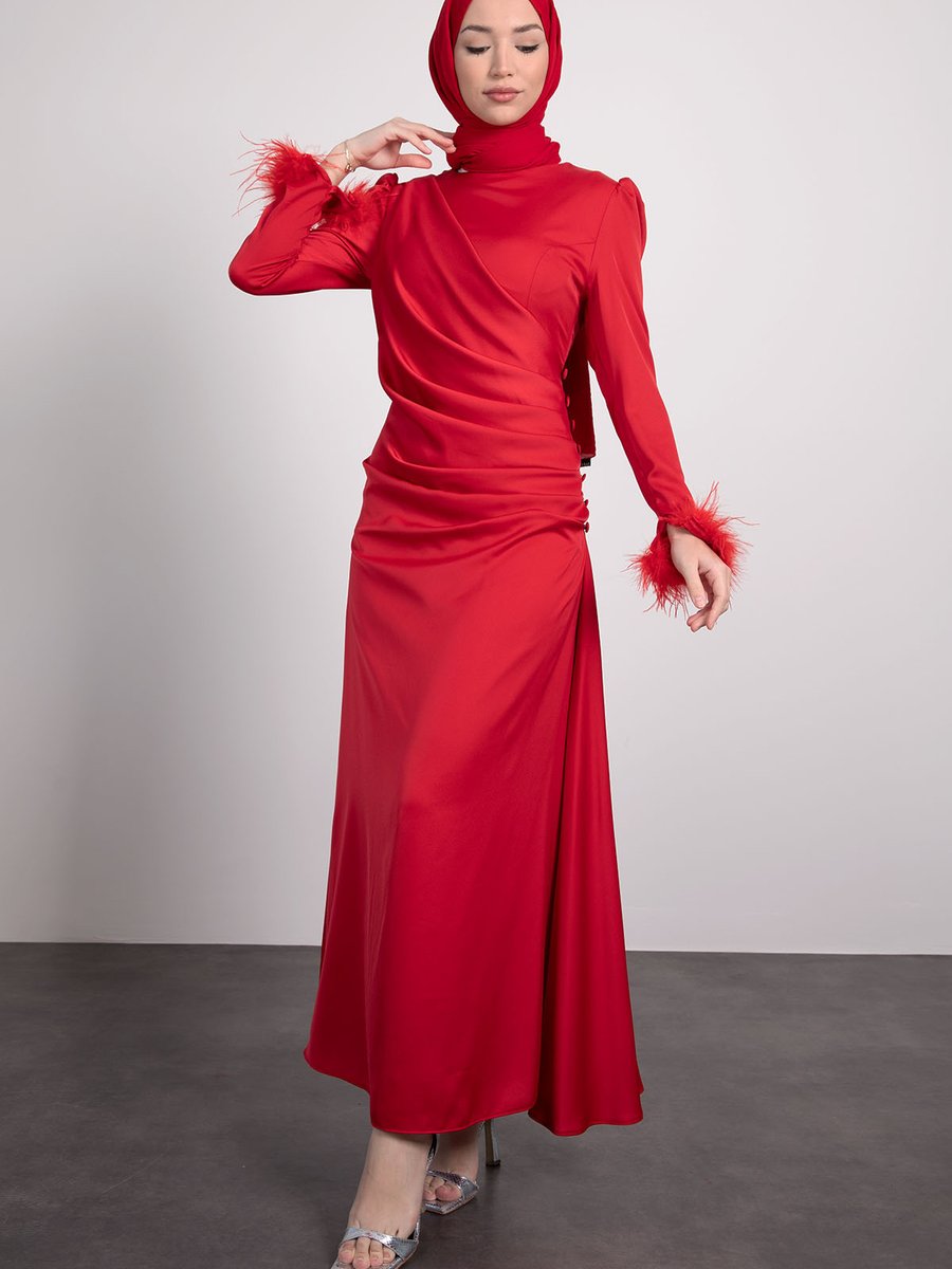 Lamia Giyim Önü Pilise Ve Düğme Detaylı Abiye Elbise Kırmızı