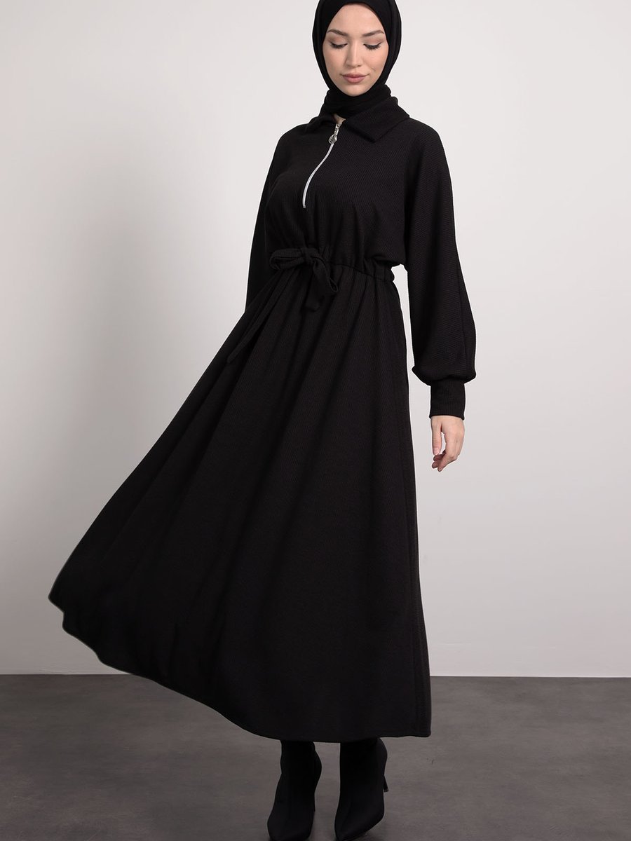 Lamia Giyim Yaka Fermuar Detaylı Gömlek Elbise Siyah