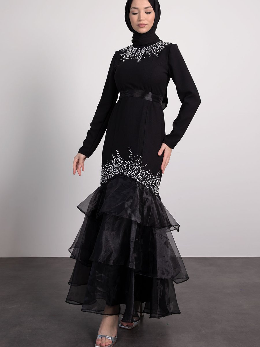 Lamia Giyim Taşlı Eteği Tül Detaylı Abiye Elbise Siyah