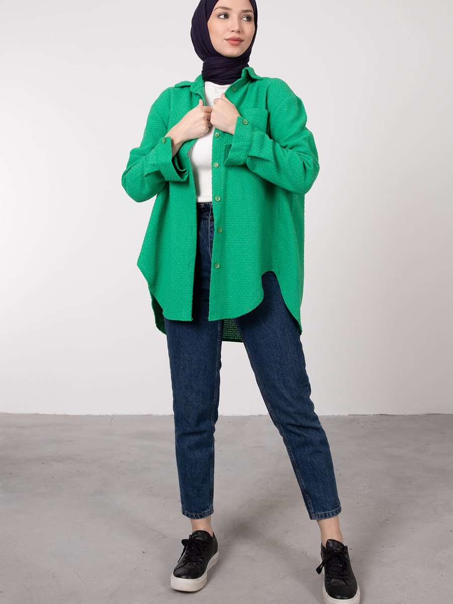 Lamia Giyim Dokulu Kumaşlı Cep Detaylı Tunik Çim Yeşili