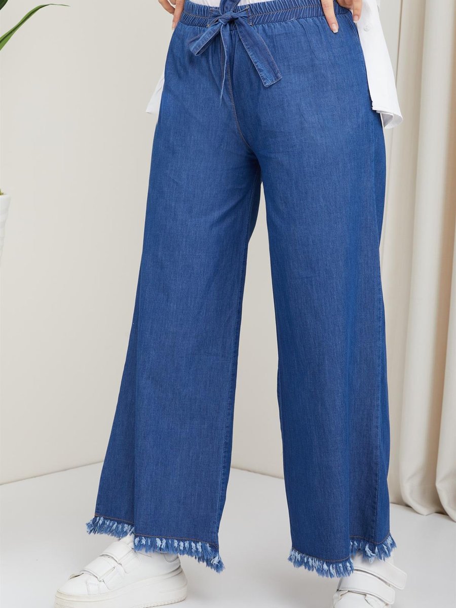 Hafsamina Bol Paça Beli Lastikli Bağcık Detaylı Kot Pantolon Koyu Mavi