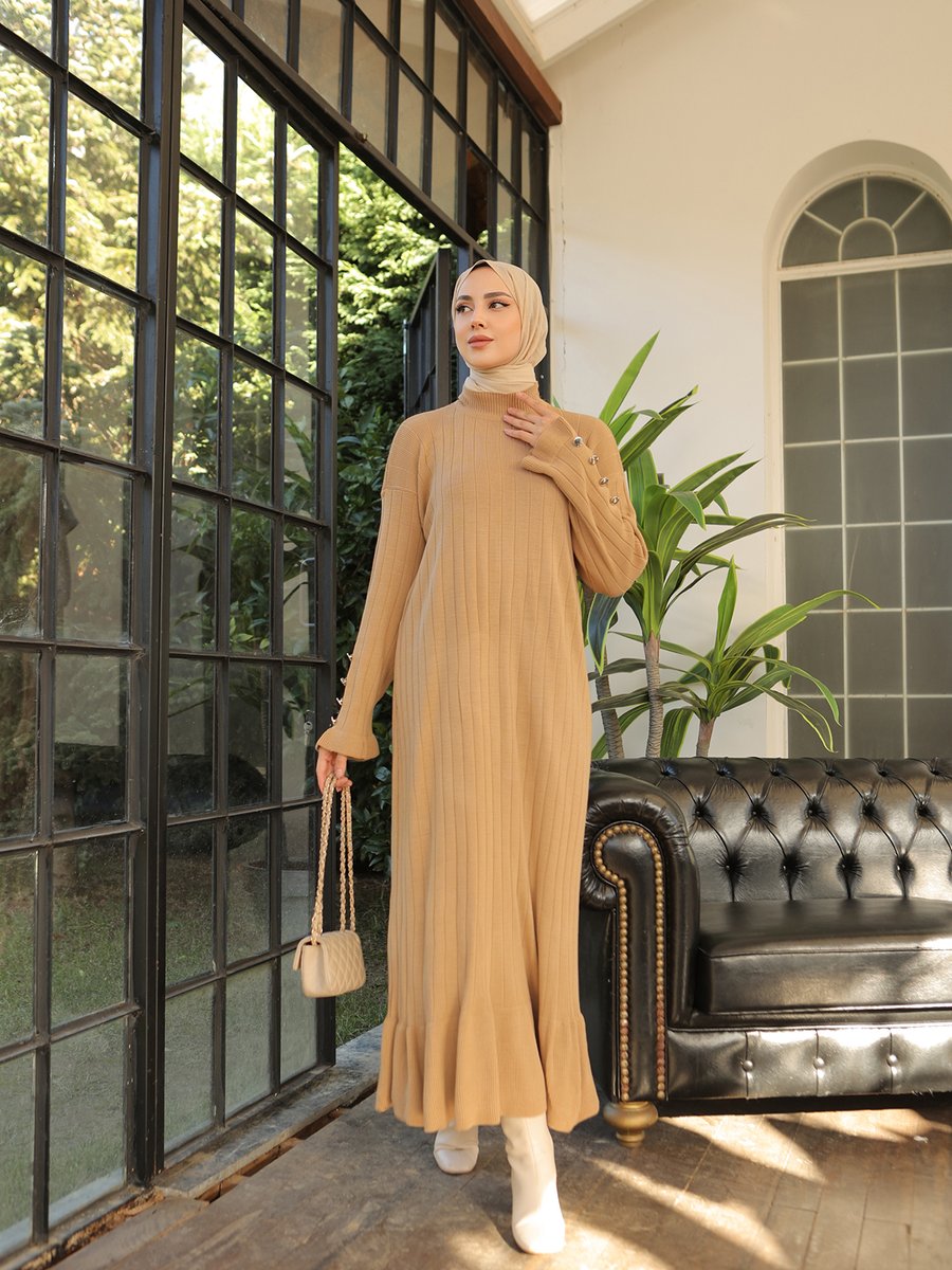 Benguen Fırfırlı Triko Elbise Camel