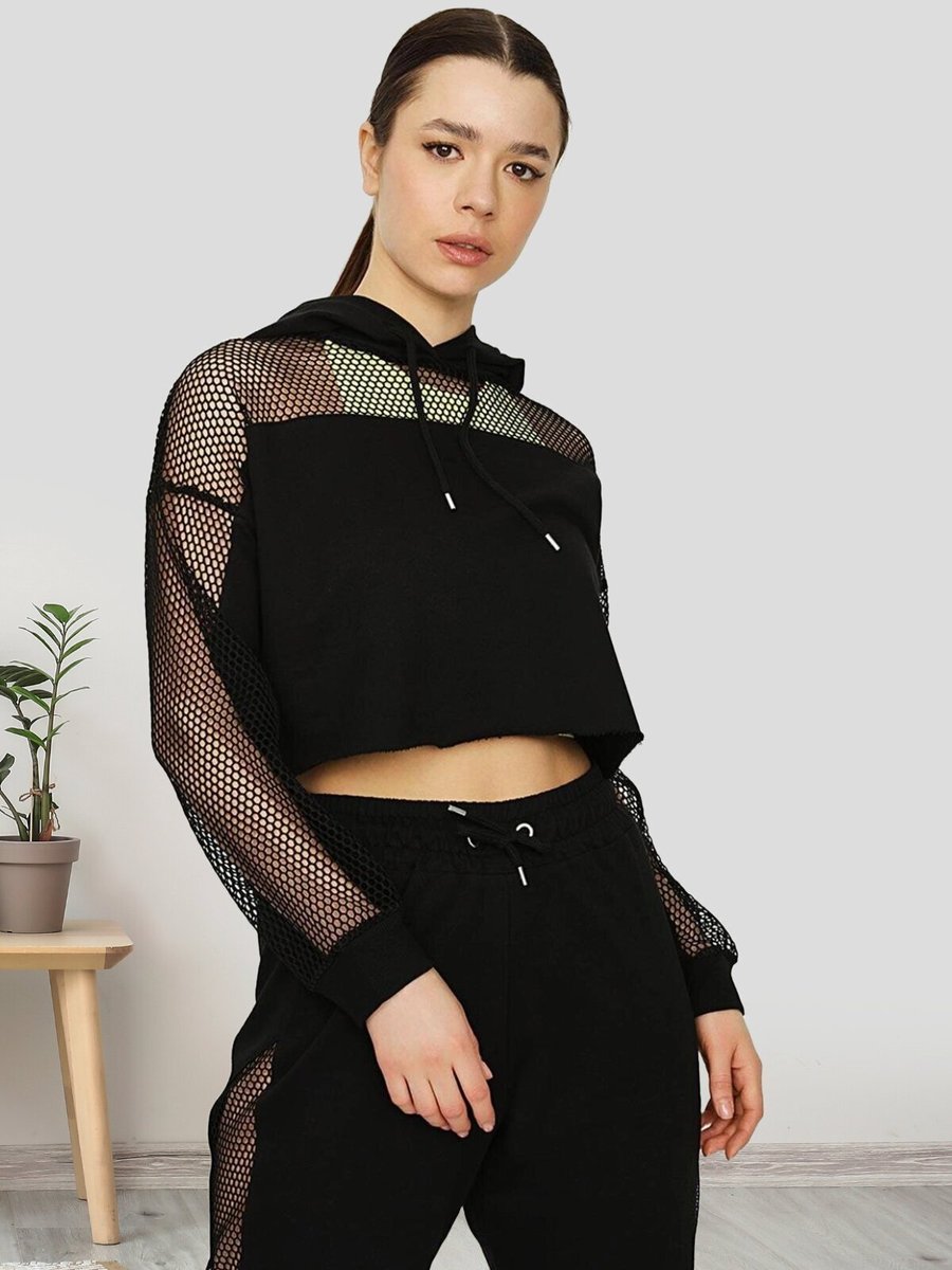 Select Moda Siyah Kapüşonlu File Detaylı Crop Sweatshirt