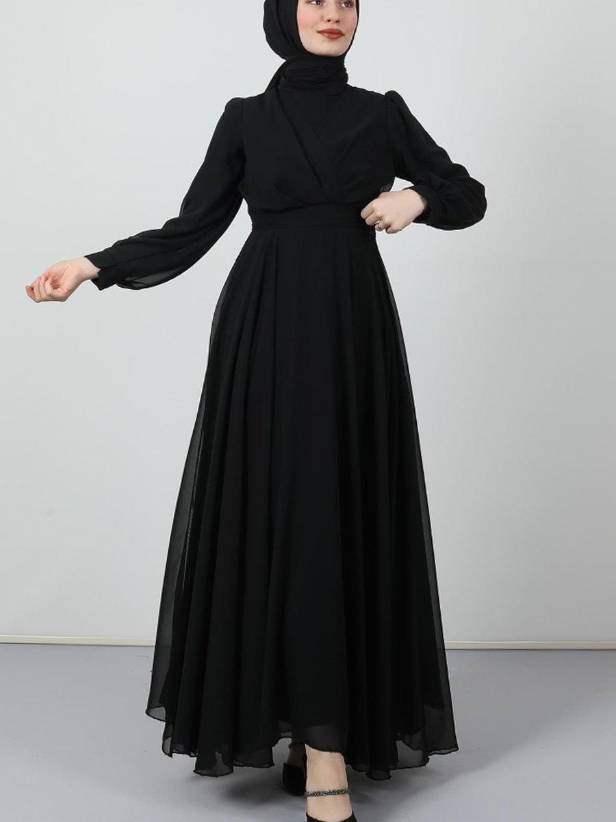 Giza Giyim Önü Çapraz Şifon Elbise Siyah