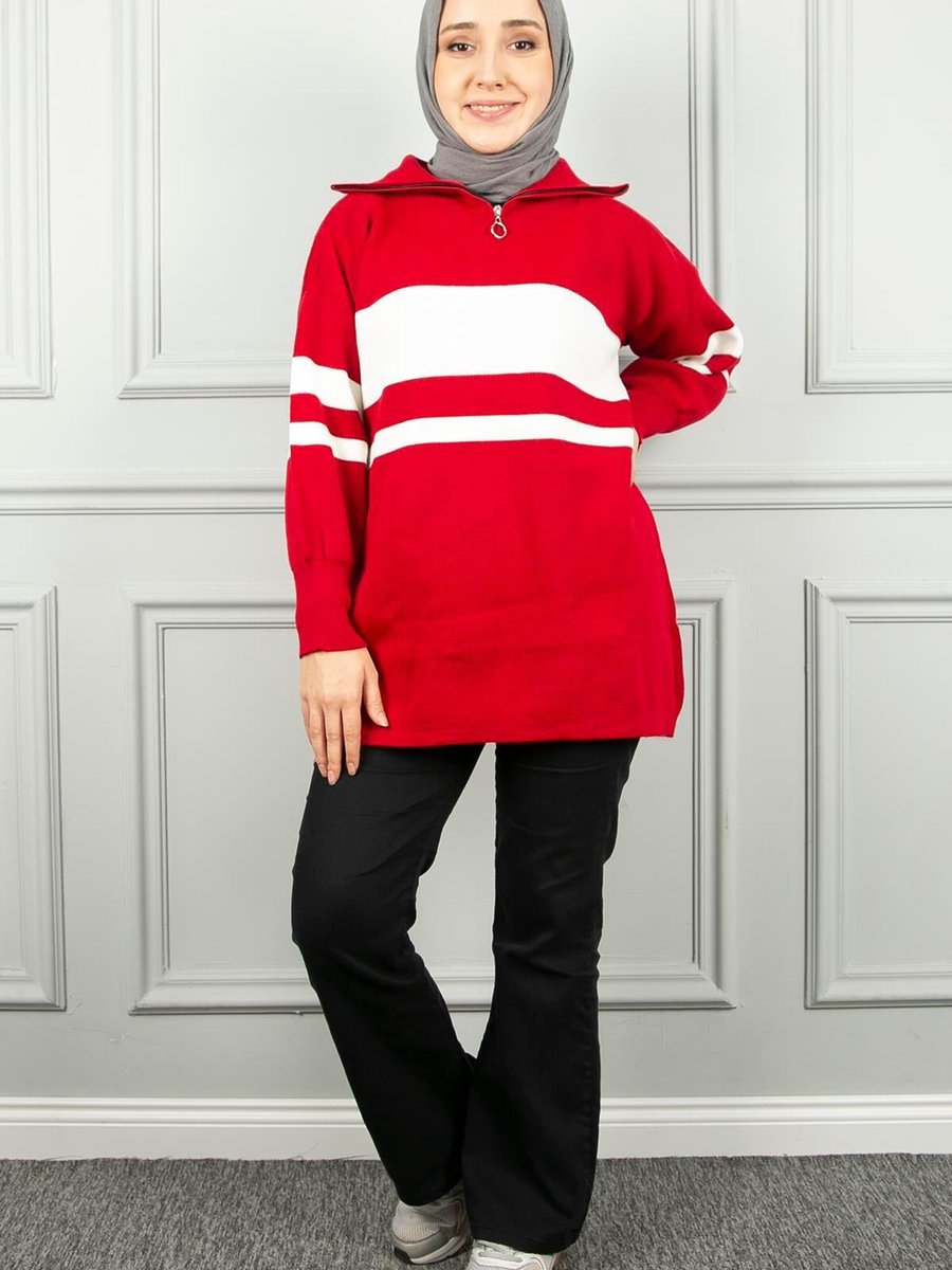 Yağızlar Giyim Kırmızı Çizgili Yarım Fermuarlı Triko Tunik