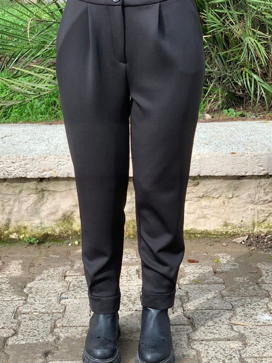 Moda Rosa Siyah Paçası Fermuarlı Scuba Pantolon