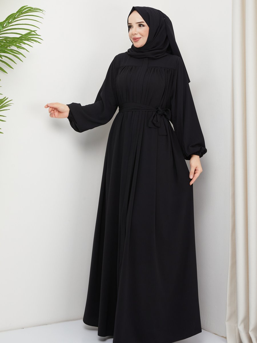 Serra Moda İslami Ferace Robalı Büzgülü Medine İpeği Tam Tesettür