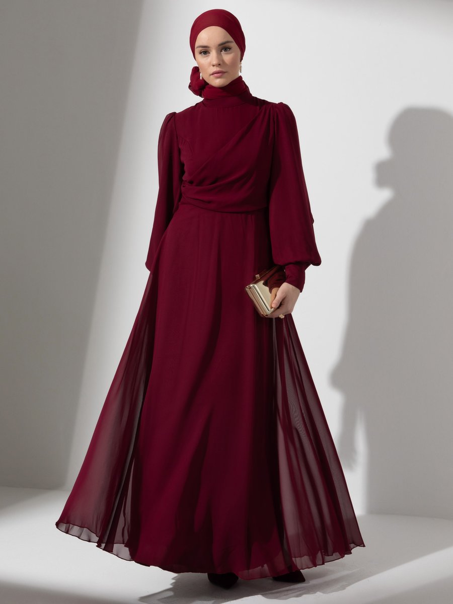 Refka Bordo Drape Detaylı Şifon Abiye Elbise