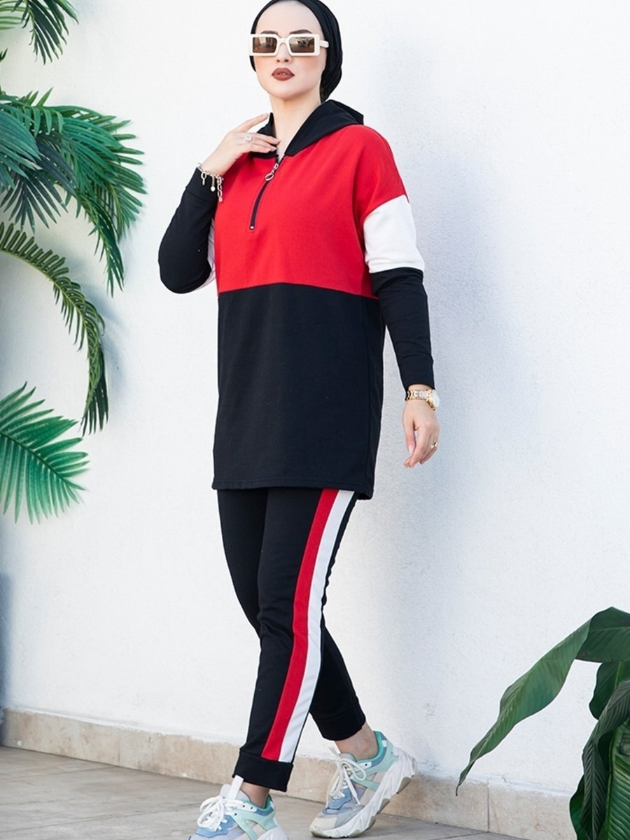 Bestenur Çift Renkli Kapüşonlu Fermuar Detay Tunik Pantolon İkili Takım Kırmızı
