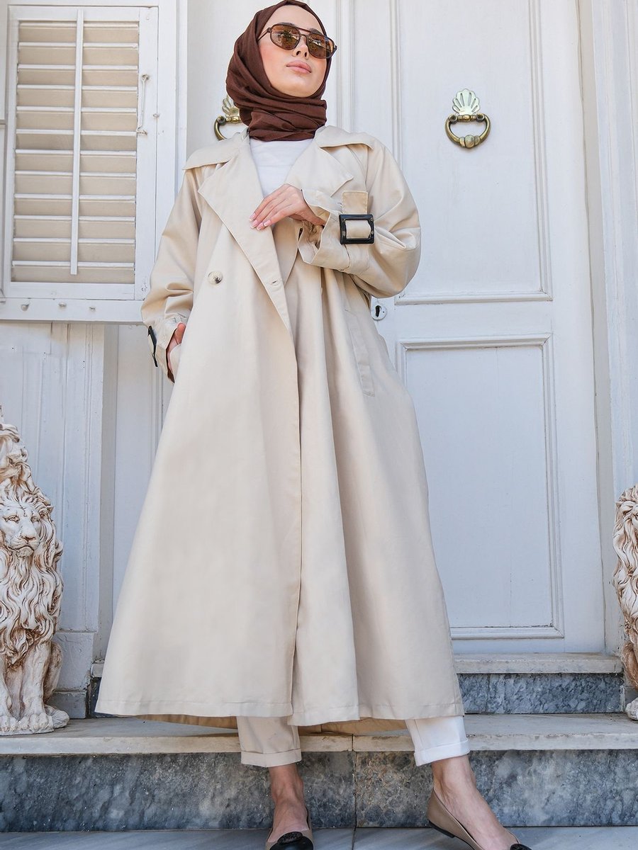 Locco Oversize Kuşaklı Uzun Trençkot Taş