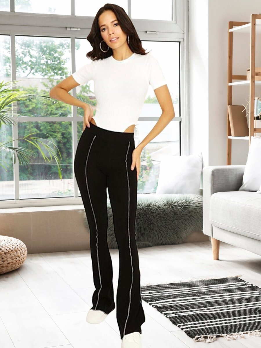 Select Moda Siyah Kontrast Dikişli Fitilli İspanyol Paça Pantolon