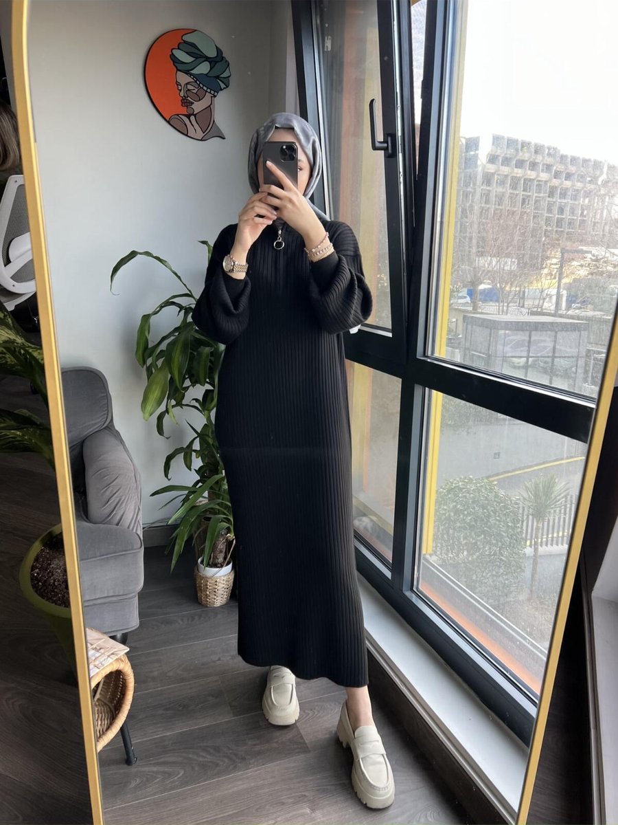 Yazıcı Moda Oversize Bol Kesim Fermuar Yaka Fitilli Triko Elbise