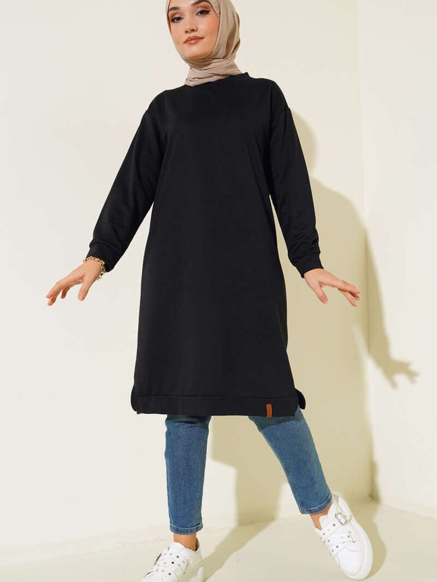 Benguen Yanları Yırtmaçlı Basic Uzun Tunik Siyah