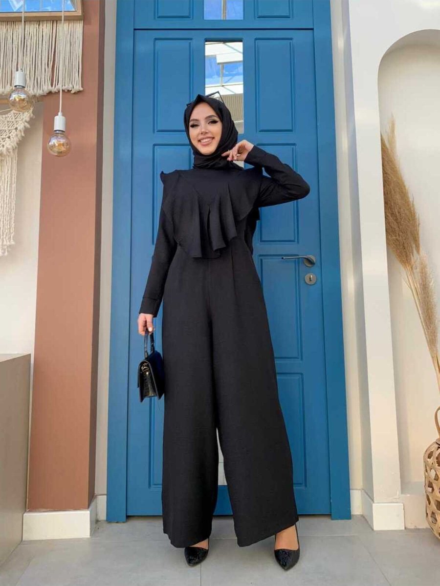 Bym Fashion Omuz Kısmı Fıfır Pelerin Detaylı Arka Fermuarlı Tulum Siyah