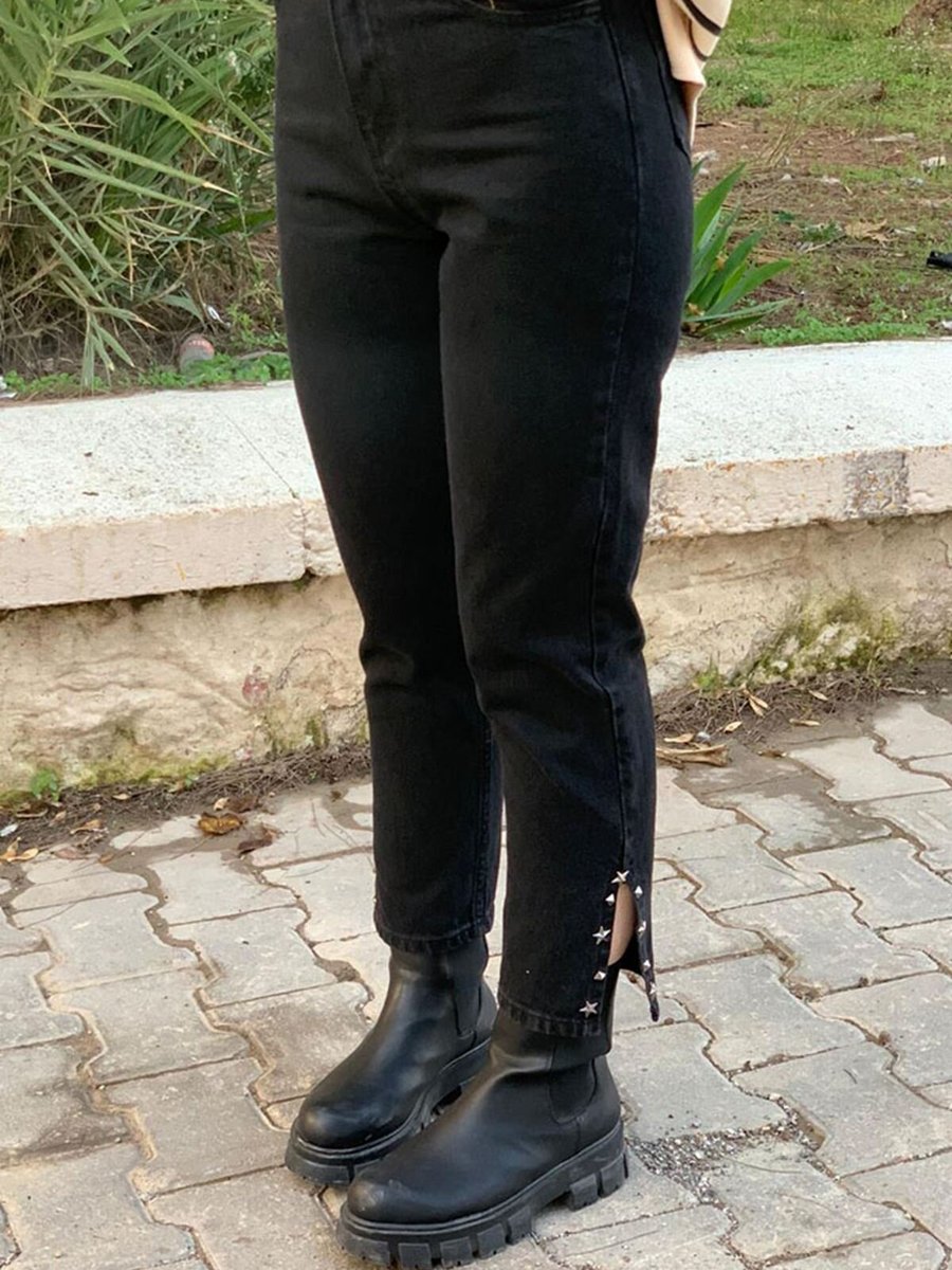 Moda Rosa Siyah Yırtmacı Zımbalı Denim Pantolon