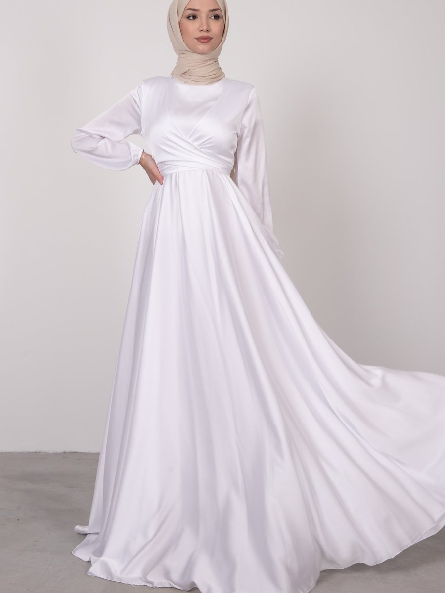 Lamia Giyim Çapraz Kuşaklı Abiye Elbise Beyaz